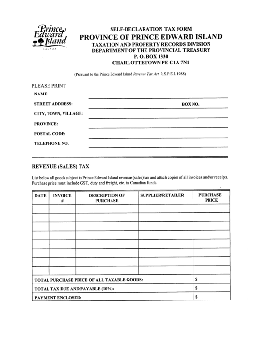 Form Id - Self-declaration Tax - Province Of Prince Edward Island