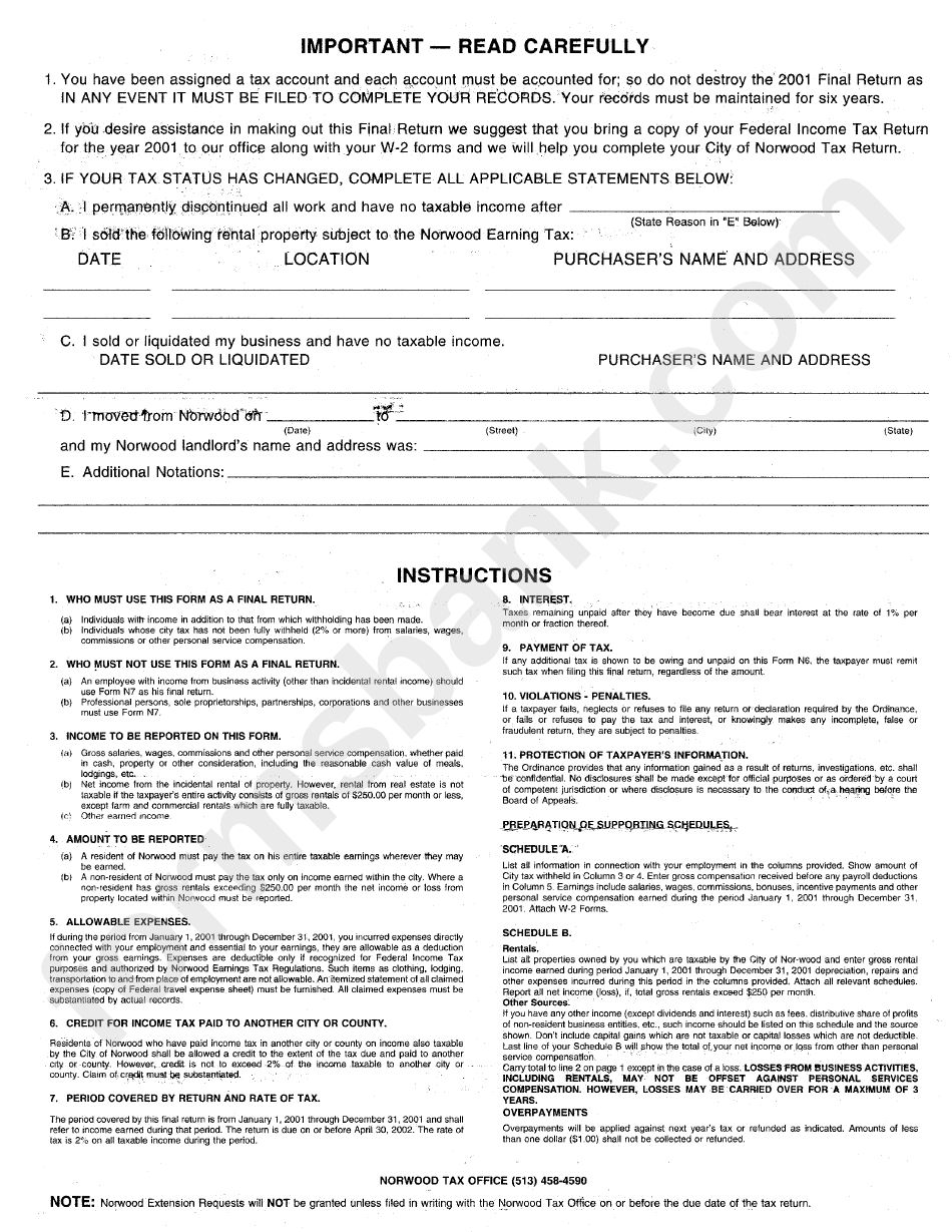 Income Tax Form Instructions - City Of Norwood