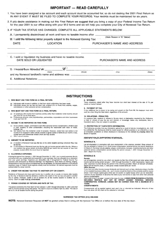 Income Tax Form Instructions - City Of Norwood Printable pdf