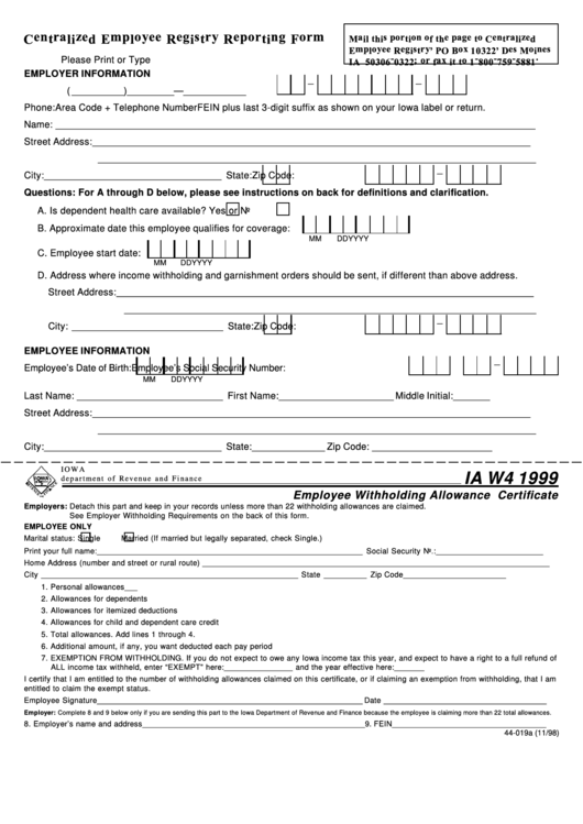 Fillable Form Ia W4 - Employee Withholding Allowance Certificate - 1999 Printable pdf