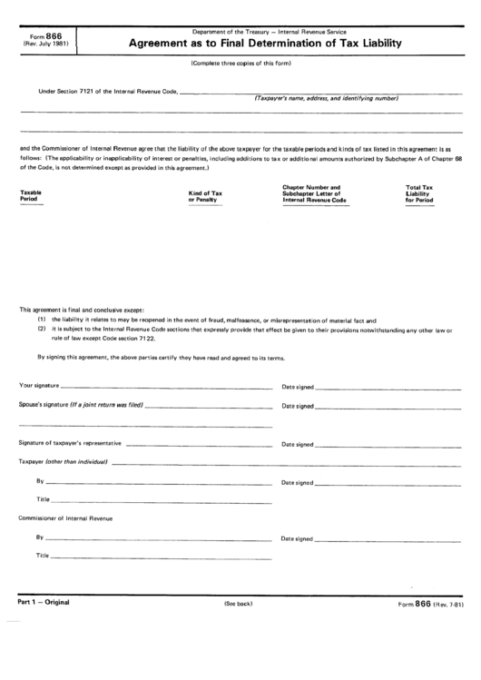 Form 866 - Agreement As To Final Determination Of Tax Liabiliyy Printable pdf