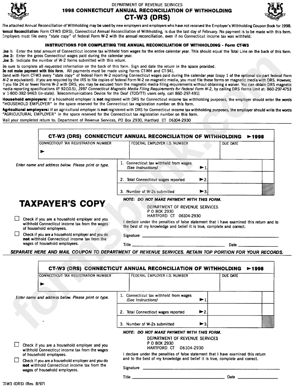 Form Ct-W3 (Drs) - Connecticut Annual Reconciliation Of Withholding - 1998