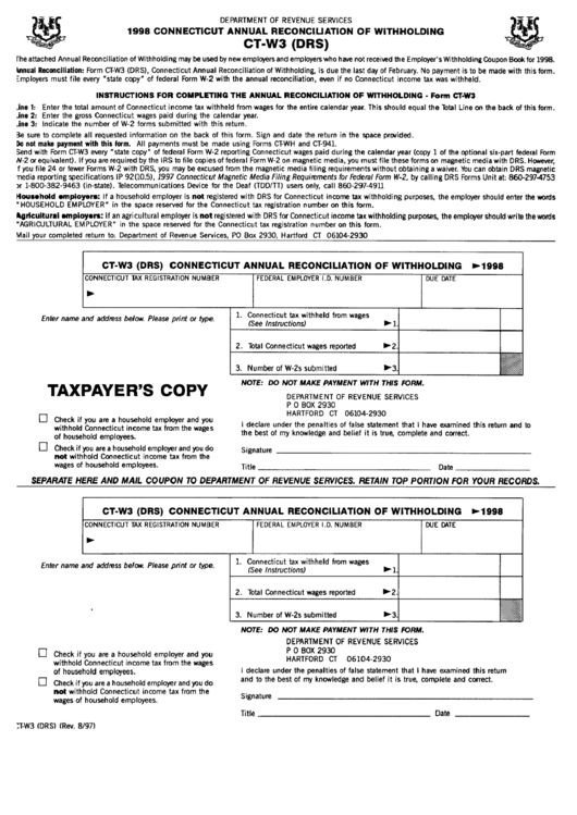 Fillable Form Ct-W3 (Drs) - Connecticut Annual Reconciliation Of Withholding - 1998 Printable pdf
