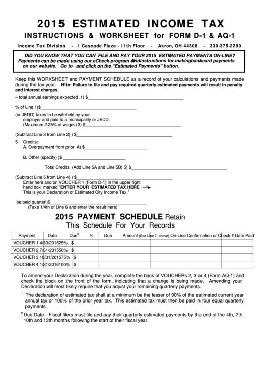 Form D-1 And Form Aq-1 Instructions And Worksheet - Estimated Income Tax - 2015 Printable pdf