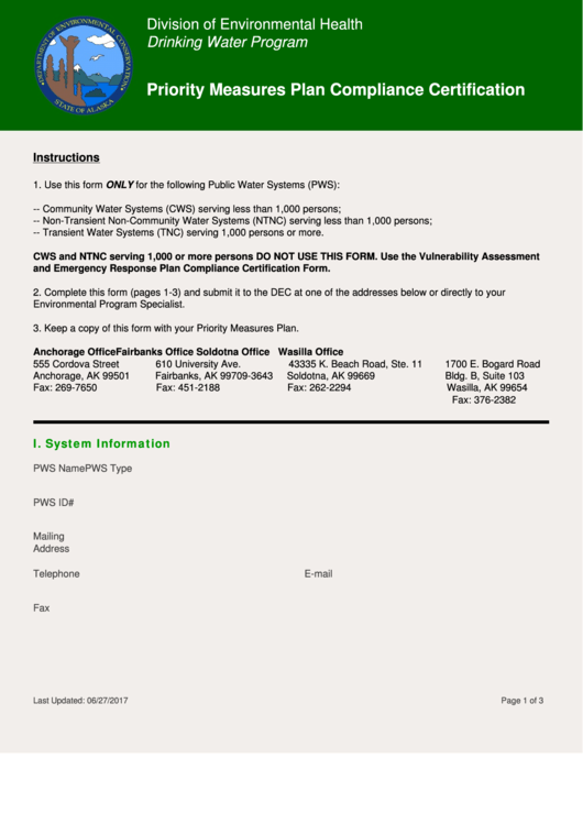 Fillable Priority Measures Plan Compliance Certification - Alaska Division Of Environmental Health Printable pdf