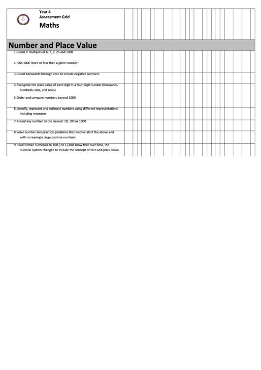Number And Place Value Chart - Maths Assessment Grid Printable pdf