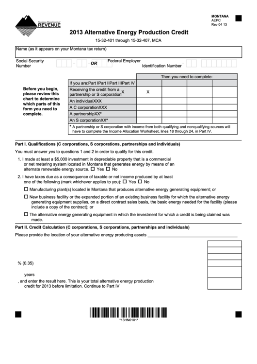 Montana Form Aepc - Alternative Energy Production Credit - 2013 Printable pdf