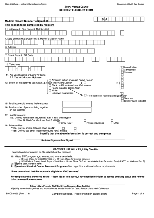 Form Dhcs 8699 - Recipient Eligibility Form - California Department Of Health Care Services Printable pdf
