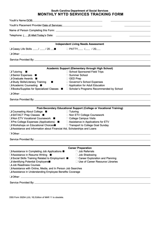 Dss Form 30254 - Monthly Nytd Services Tracking Form - South Carolina Department Of Social Services Printable pdf