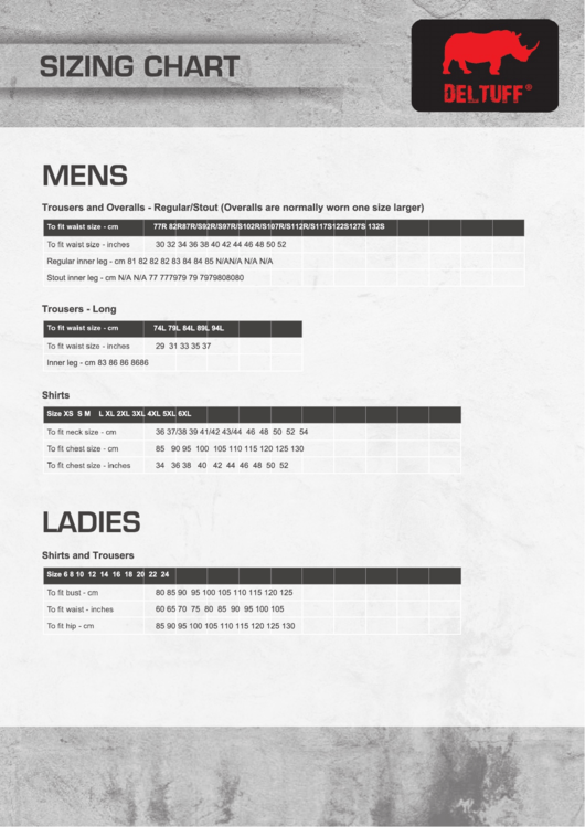 Deltuff Clothing Size Chart Printable pdf