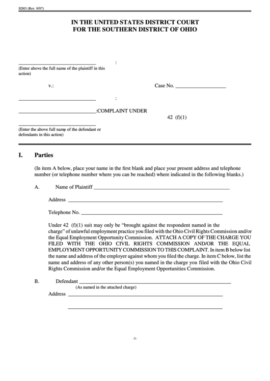 Fillable Form Sd03 - Claim Form Printable pdf