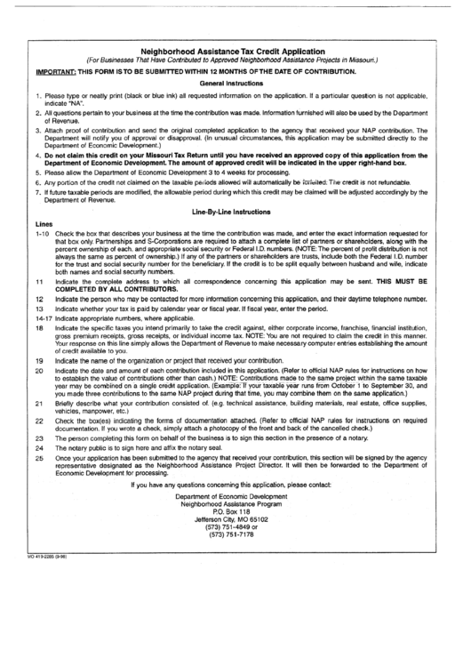Form Mo 419-2285 - Neighbourhood Assistance Tax Credit Application Instructions Printable pdf