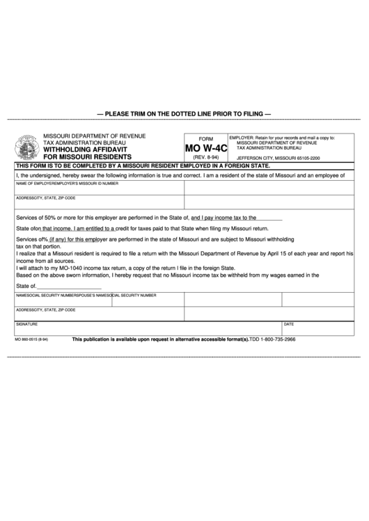 Fillable Form Mo W-4c - Withholding Affidavit For Missouri Residents Printable pdf
