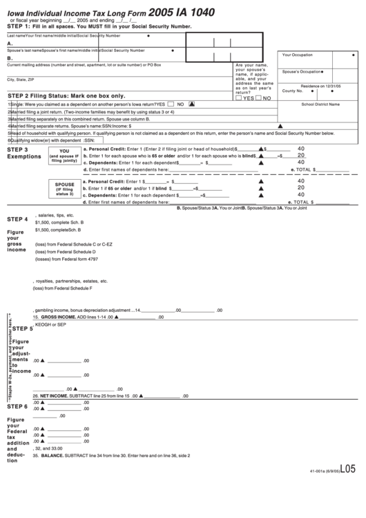 Fillable Form Ia 1040 - Iowa Individual Income Tax Long Form - 2005 Printable pdf