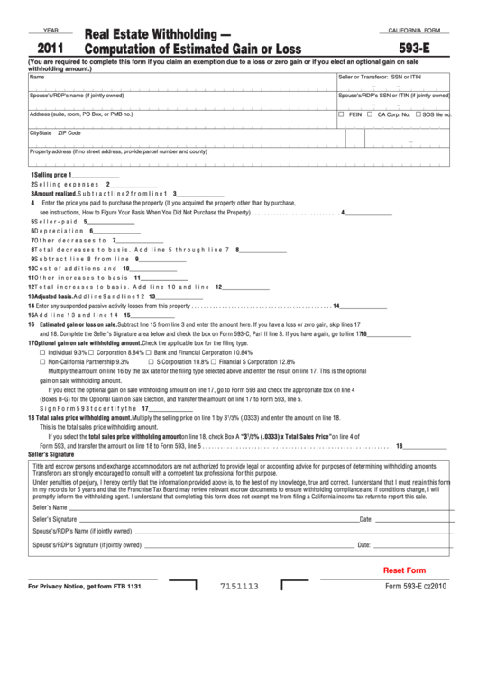 Fillable California Form 593-E - Real Estate Withholding - Computation Of Estimated Gain Or Loss - 2011 Printable pdf