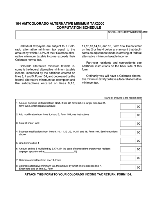 Form 104 Amt - Colorado Alternative Minimum Tax Computation Schedule - 2000 Printable pdf