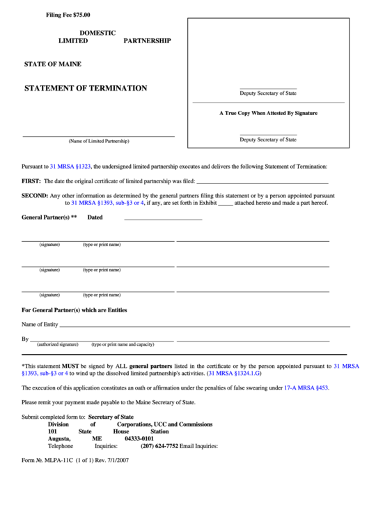 Fillable Form Mlpa-11c - Statement Of Termination Printable pdf