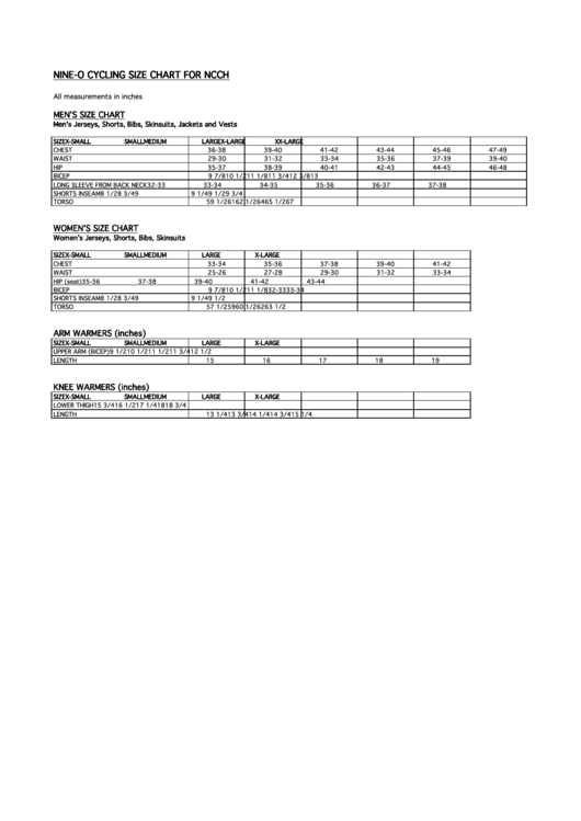Ncch Cycling Size Chart Printable pdf