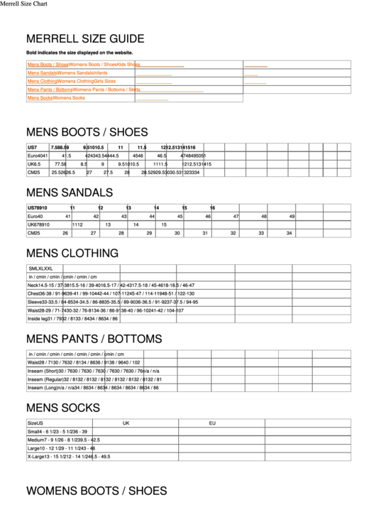 Merrell Size Chart Printable pdf
