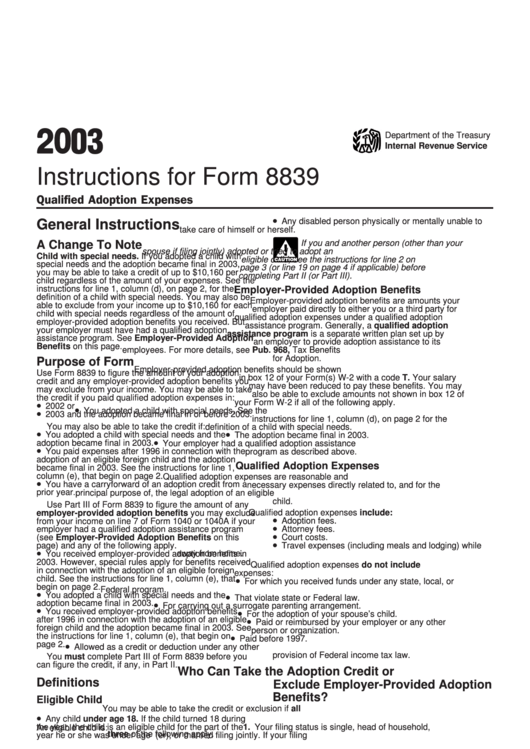 Instructions For Form 8839 - 2003 Printable pdf
