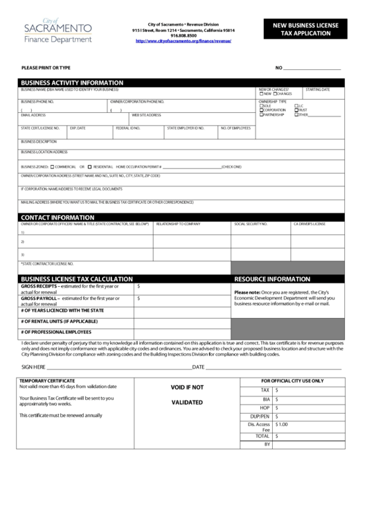 Fillable New Business License Tax App Lication - City Of Sacramento Printable pdf