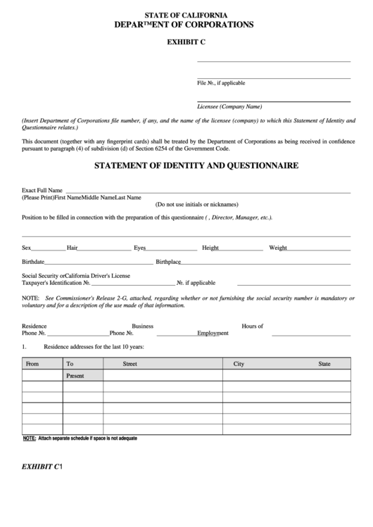 Exhibit C - Statement Of Identity And Questionnaire Printable pdf