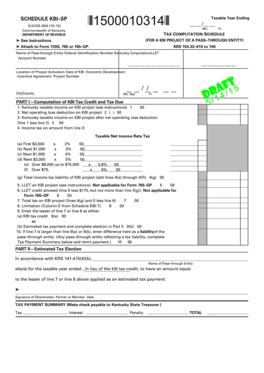 Form 41a720-S54 Schedule Kbi-Sp Draft - Tax Computation Schedule - 2015 Printable pdf