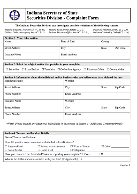 Fillable Complaint Form - Indiana Securities Division Printable pdf