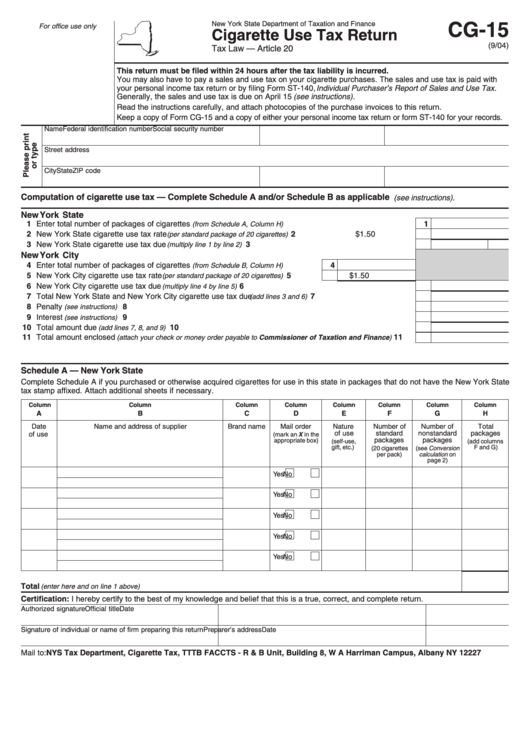 Form Cg-15 - Cigarette Use Tax Return - New York State Department Of Taxation And Finance Printable pdf