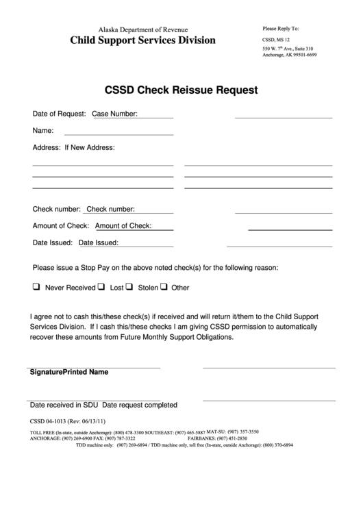Form Cssd 04-1013 - Cssd Check Reissue Request, Form Cssd 04-0008 - Authorization Form For Visa Debit Card Or Direct Deposit To Bank Account Printable pdf