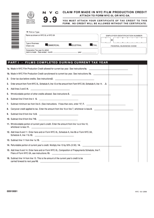 Form Nyc 9.9 - Claim For Made In Nyc Film Production Credit Printable pdf