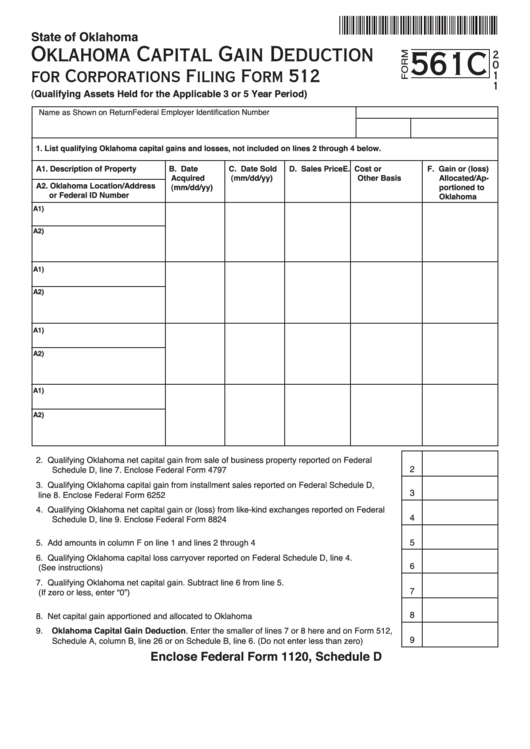 Fillable Form 561c - Oklahoma Capital Gain Deduction For Corporations Filing Form 512 - 2011 Printable pdf