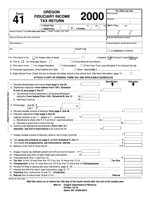 Form 41 - Oregon Fiduciary Income Tax Return - 2000 Printable pdf
