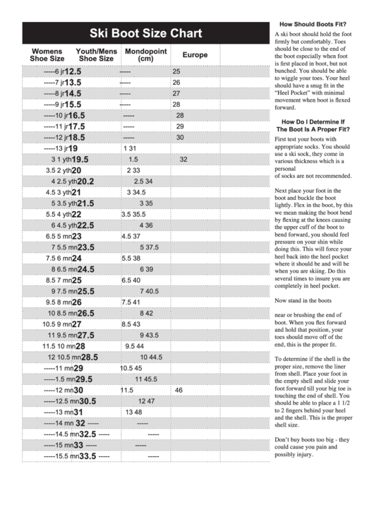 Ski Boot Size Chart Printable pdf