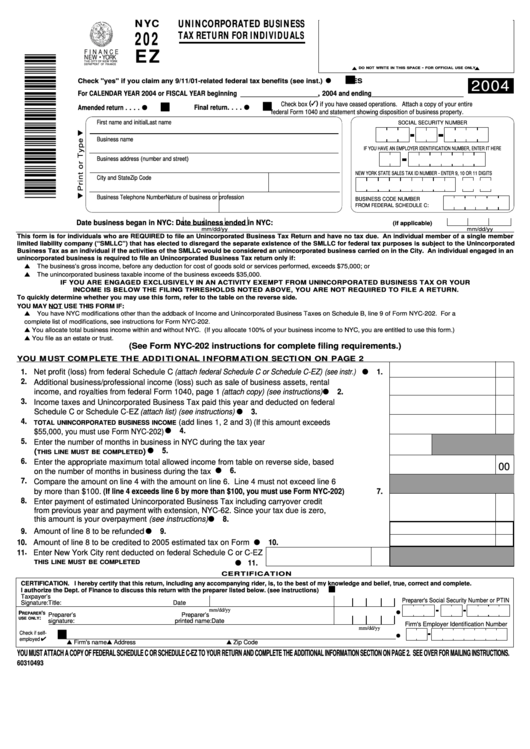 Fillable Form Nyc 202 Ez - Unincorporated Business Tax Return For Individuals - 2004 Printable pdf