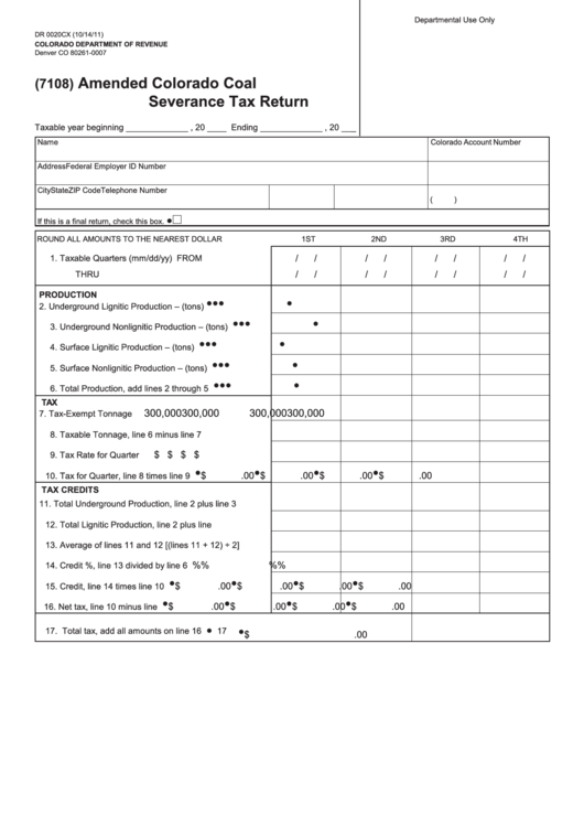 Form Dr 0020cx - Amended Colorado Coal Severance Tax Return Printable pdf