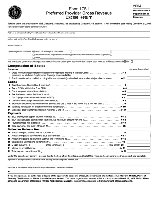 Form 176-I - Preferred Provider Gross Revenue Excise Return - 2004 Printable pdf