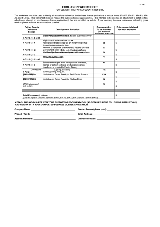 Form 8ta-Ex - Exclusion Worksheet For Use With The Fairfax County 2004 Bpol Printable pdf