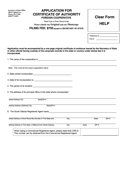 Fillable Application For Certificate Of Authority Foreign Cooperative - South Dakota Secretary Of State Printable pdf
