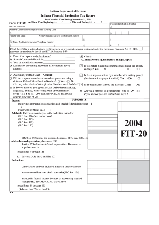 Form Fit-20 - Indiana Financial Institution Tax Return - 2004 Printable pdf