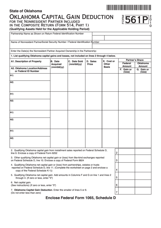 Form 561p - Oklahoma Capital Gain Deduction For The Nonresident Partner Included In The Composite Return - 2010 Printable pdf