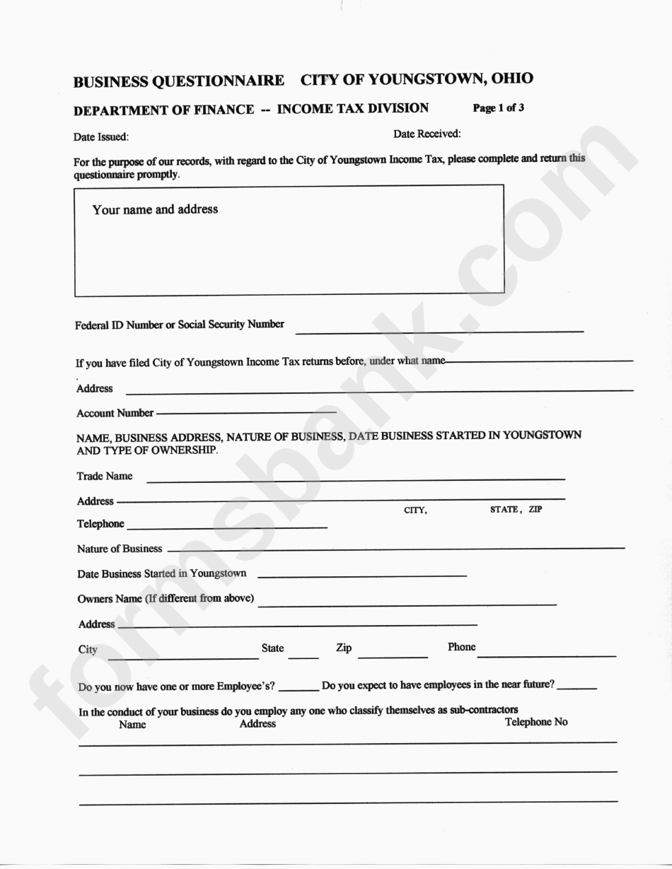 Business Questionnaire - City Of Youngstown, Ohio