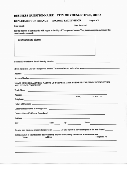 Business Questionnaire - City Of Youngstown, Ohio Printable pdf