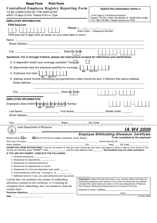 Fillable Form Ia W-4 - Employee Withholding Allowance Certificate - 2009 Printable pdf