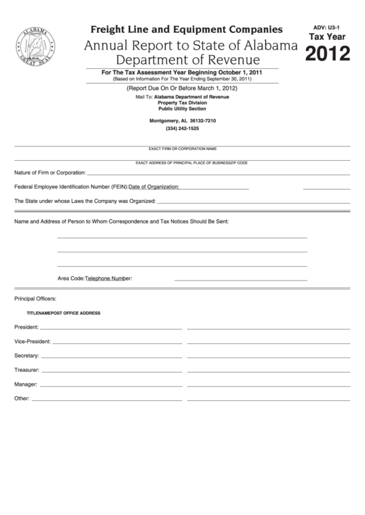Form Adv: U3-1 - Annual Report To State Of Alabama Department Of Revenue - 2012 Printable pdf