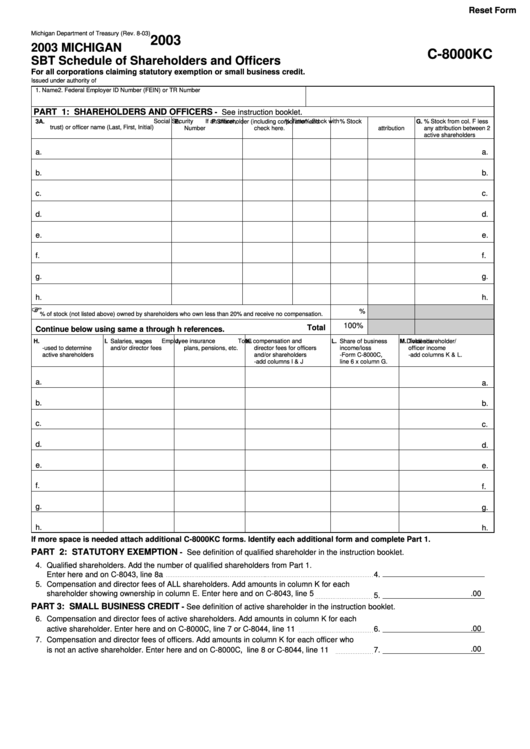 Form C-8000kc - Michigan Sbt Schedule Of Shareholders And Officers - 2003