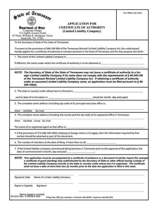 Form Ss-4233 - Application For Certificate Of Authority (Limited Liability Company) Printable pdf