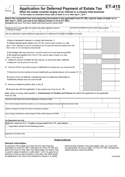 Form Et-415 - Application For Deferred Payment Of Estate Tax - New York State Department Of Taxation And Finance Printable pdf