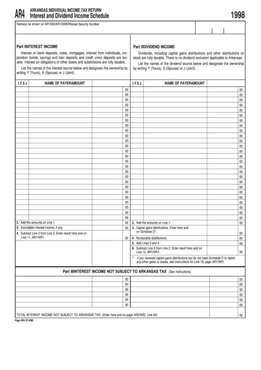 Fillable Form Ar-4 - Individual Income Tax Return - Interest And Dividend Income Schedule - 1998 Printable pdf