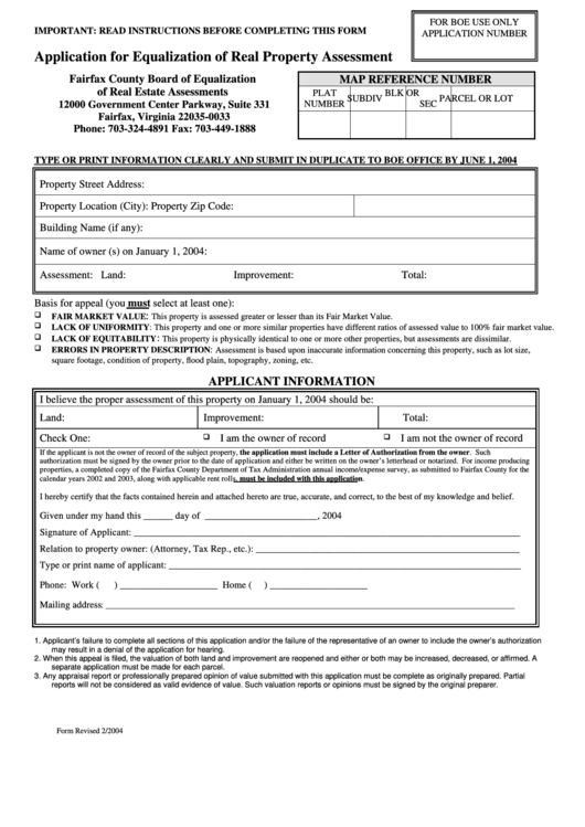 Application For Equalization Of Real Property Assessment - Fairfax County Board Of Equalization - 2004 Printable pdf